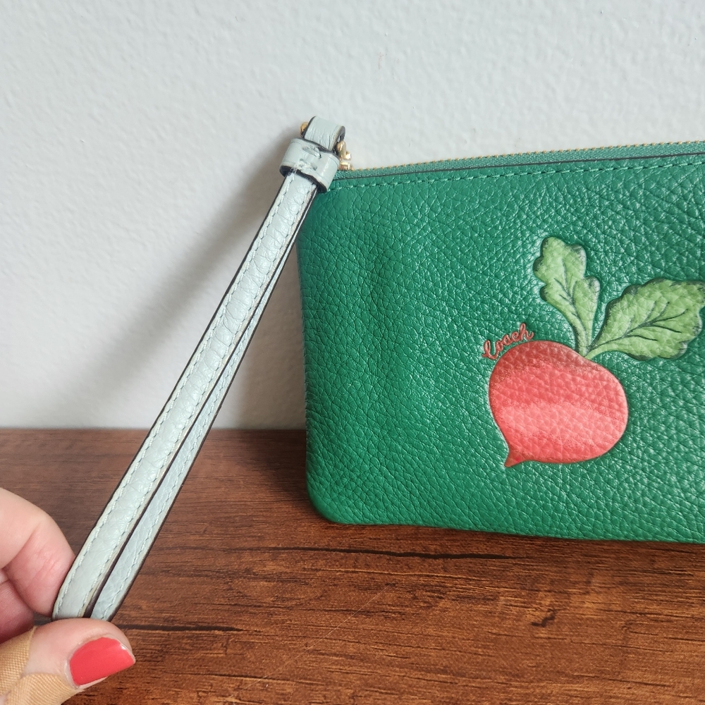 Green Leather Coach Wristlet with Radish Design - Picture 4 of 10